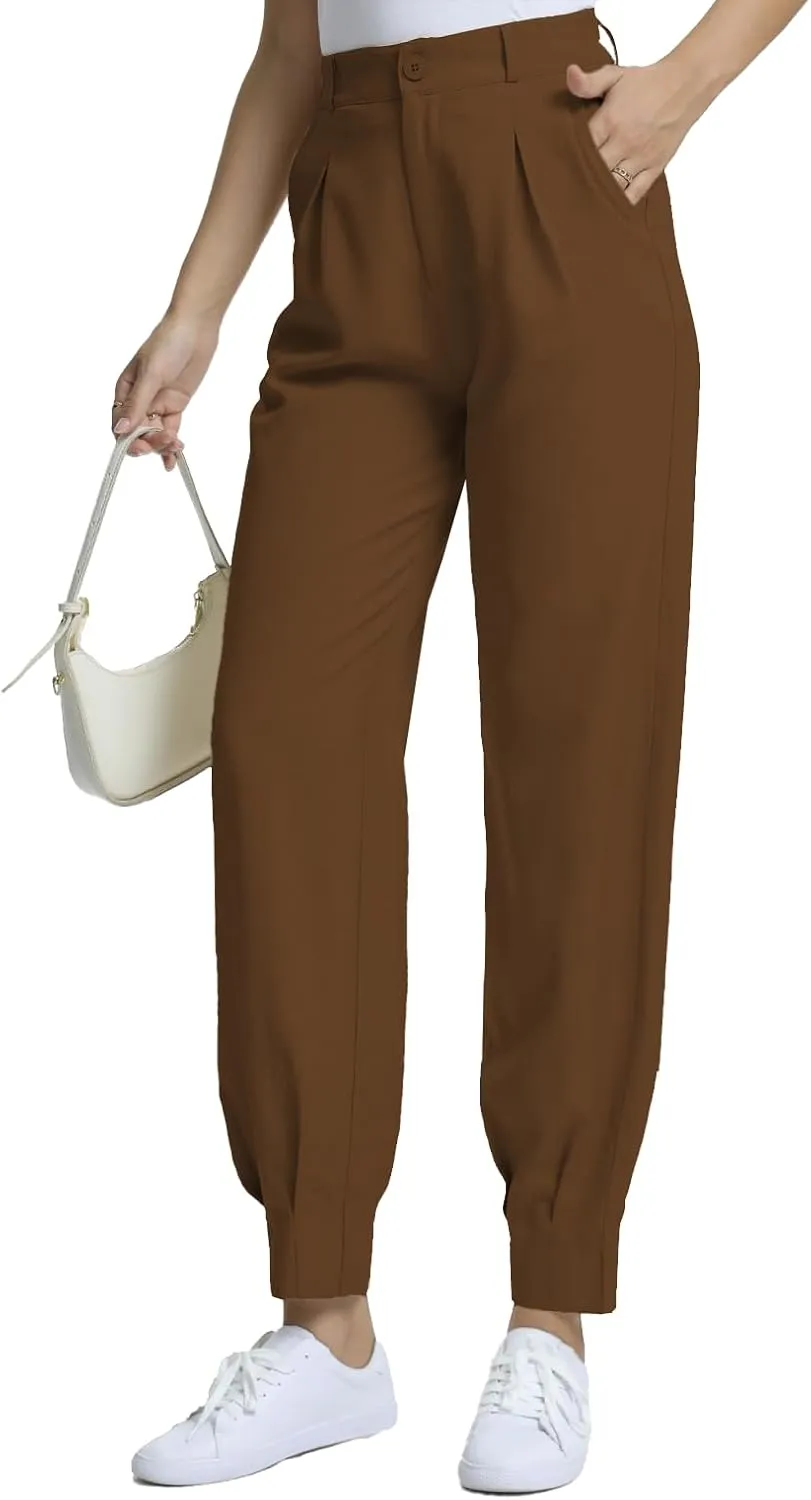 Casual Work Pants Women High Waisted with Pockets Ankle Length Business Traped Slacks Pants Trousers