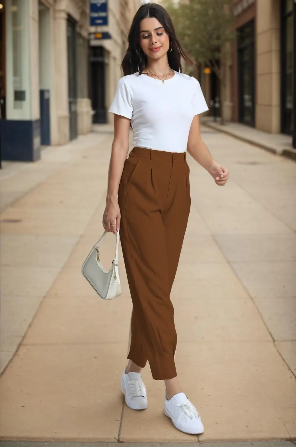 Casual Work Pants Women High Waisted with Pockets Ankle Length Business Traped Slacks Pants Trousers