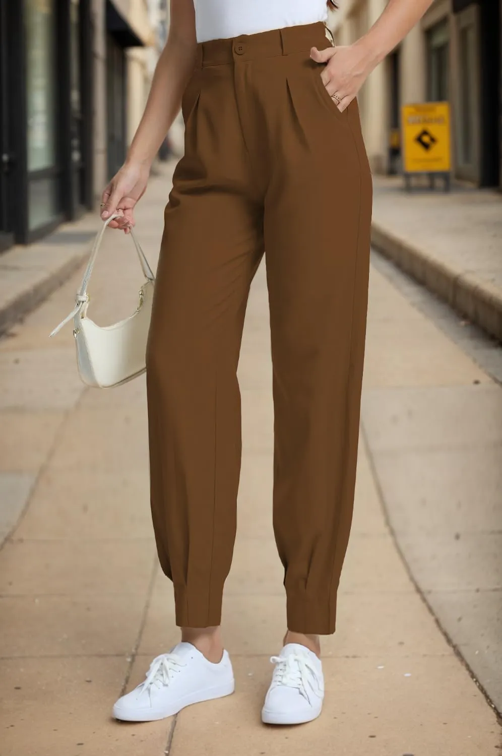 Casual Work Pants Women High Waisted with Pockets Ankle Length Business Traped Slacks Pants Trousers