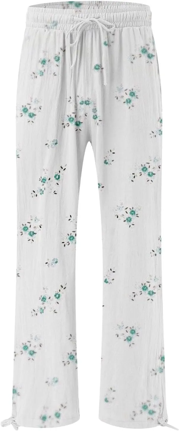 Casuals Lounge Business Pants with Pockets Womens Cotton Casual Loose Pants Comfy Elastic Drawstring Beach Palazzo