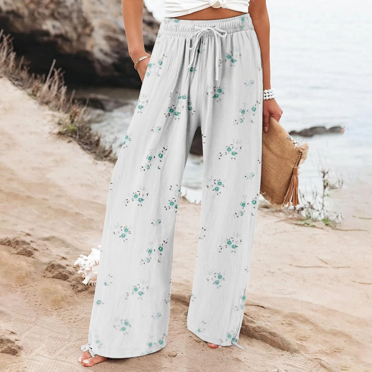 Casuals Lounge Business Pants with Pockets Womens Cotton Casual Loose Pants Comfy Elastic Drawstring Beach Palazzo