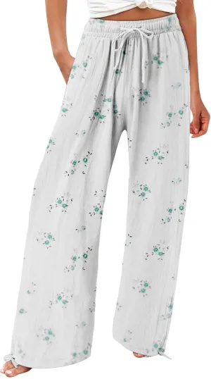 Casuals Lounge Business Pants with Pockets Womens Cotton Casual Loose Pants Comfy Elastic Drawstring Beach Palazzo