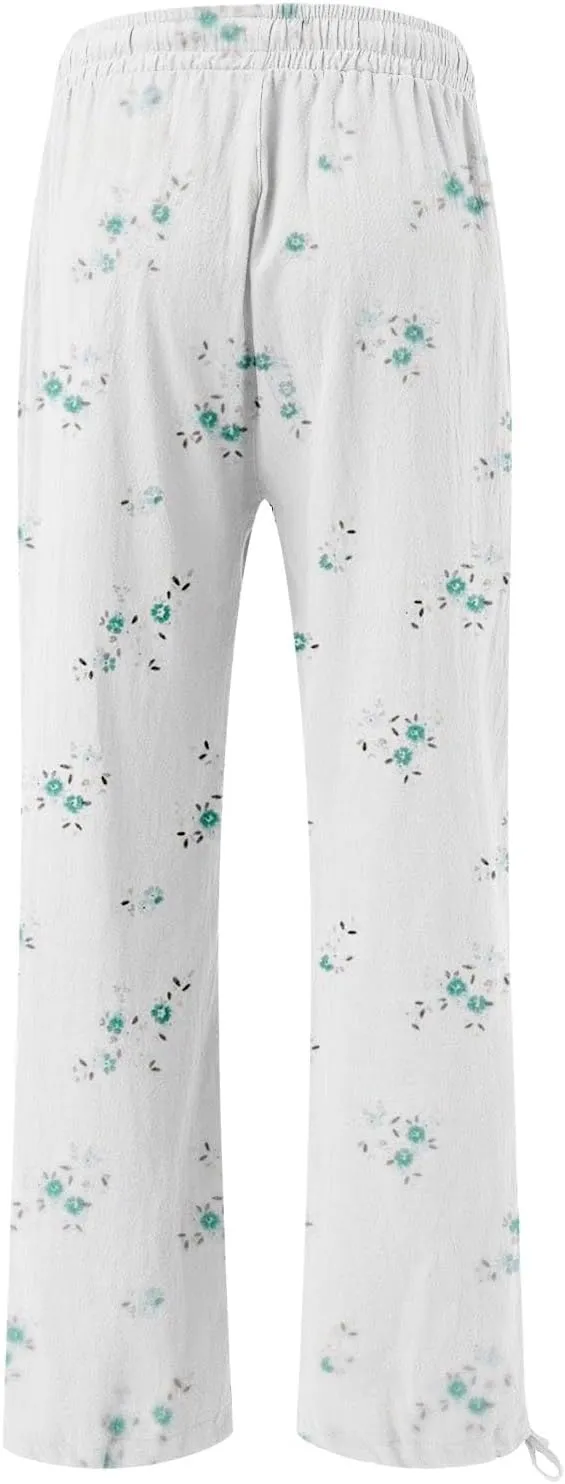 Casuals Lounge Business Pants with Pockets Womens Cotton Casual Loose Pants Comfy Elastic Drawstring Beach Palazzo