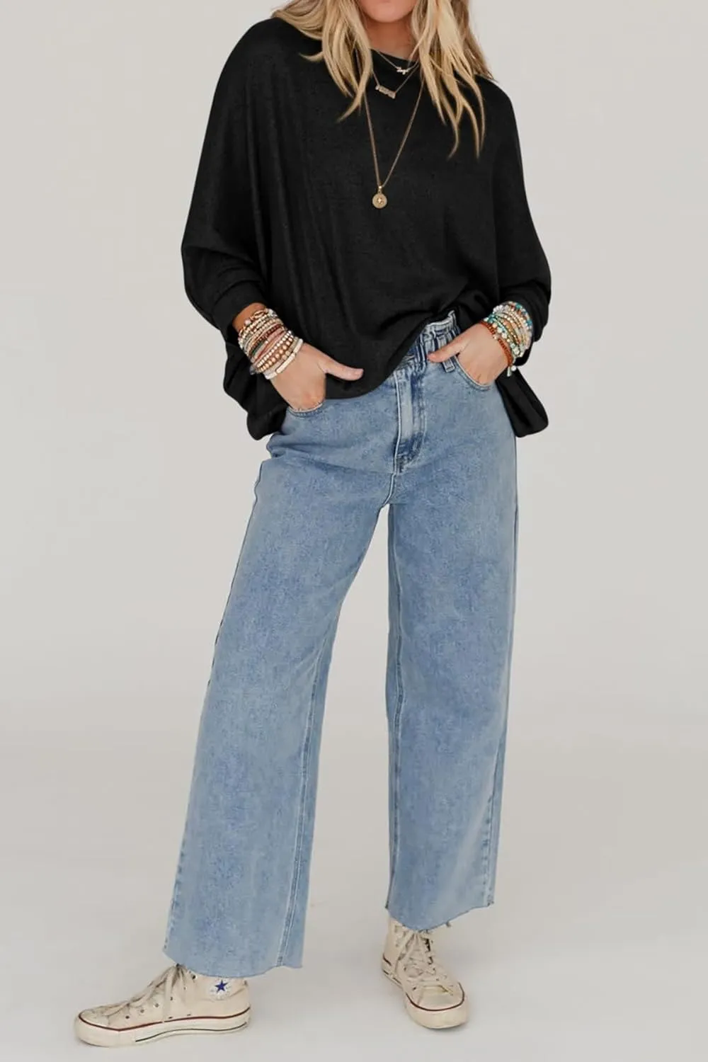 CFLONGE Fall Sweaters for Women 2024 Casual Pullover Off The Shoulder Sweater Batwing Long Sleeve Sweatshirt Knit Jumper Tops