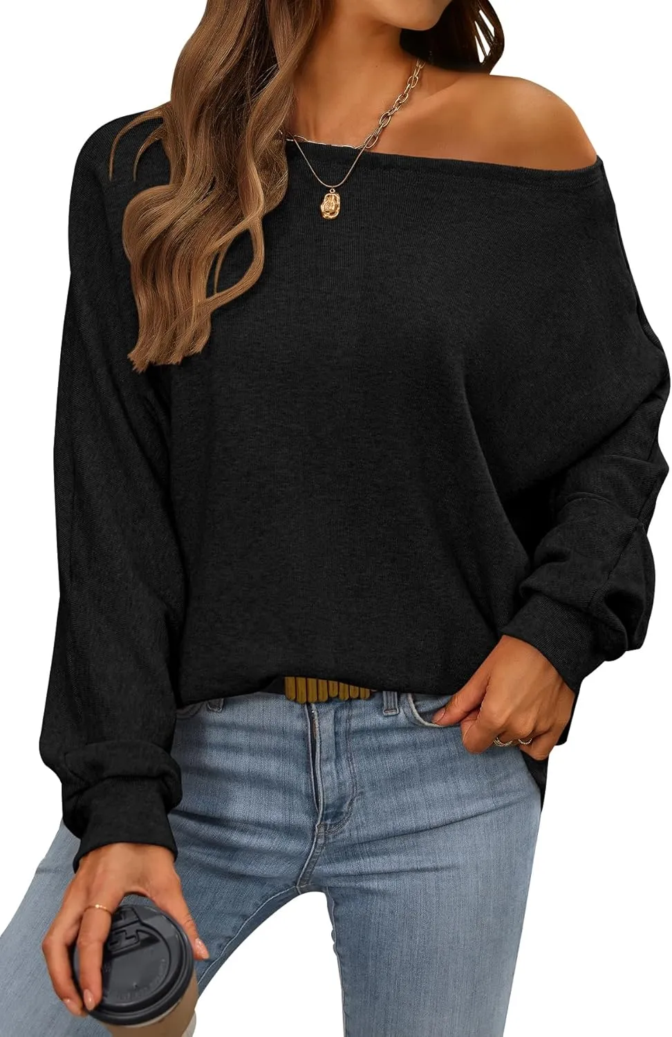 CFLONGE Fall Sweaters for Women 2024 Casual Pullover Off The Shoulder Sweater Batwing Long Sleeve Sweatshirt Knit Jumper Tops