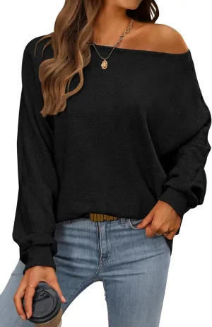 CFLONGE Fall Sweaters for Women 2024 Casual Pullover Off The Shoulder Sweater Batwing Long Sleeve Sweatshirt Knit Jumper Tops