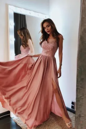 Charming Long Dresses Lace Spaghetti Straps Prom Dress with Side Slit