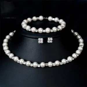 Charming Pearl Necklace Earrings Bracelet  Jewelry Sets | Bridelily
