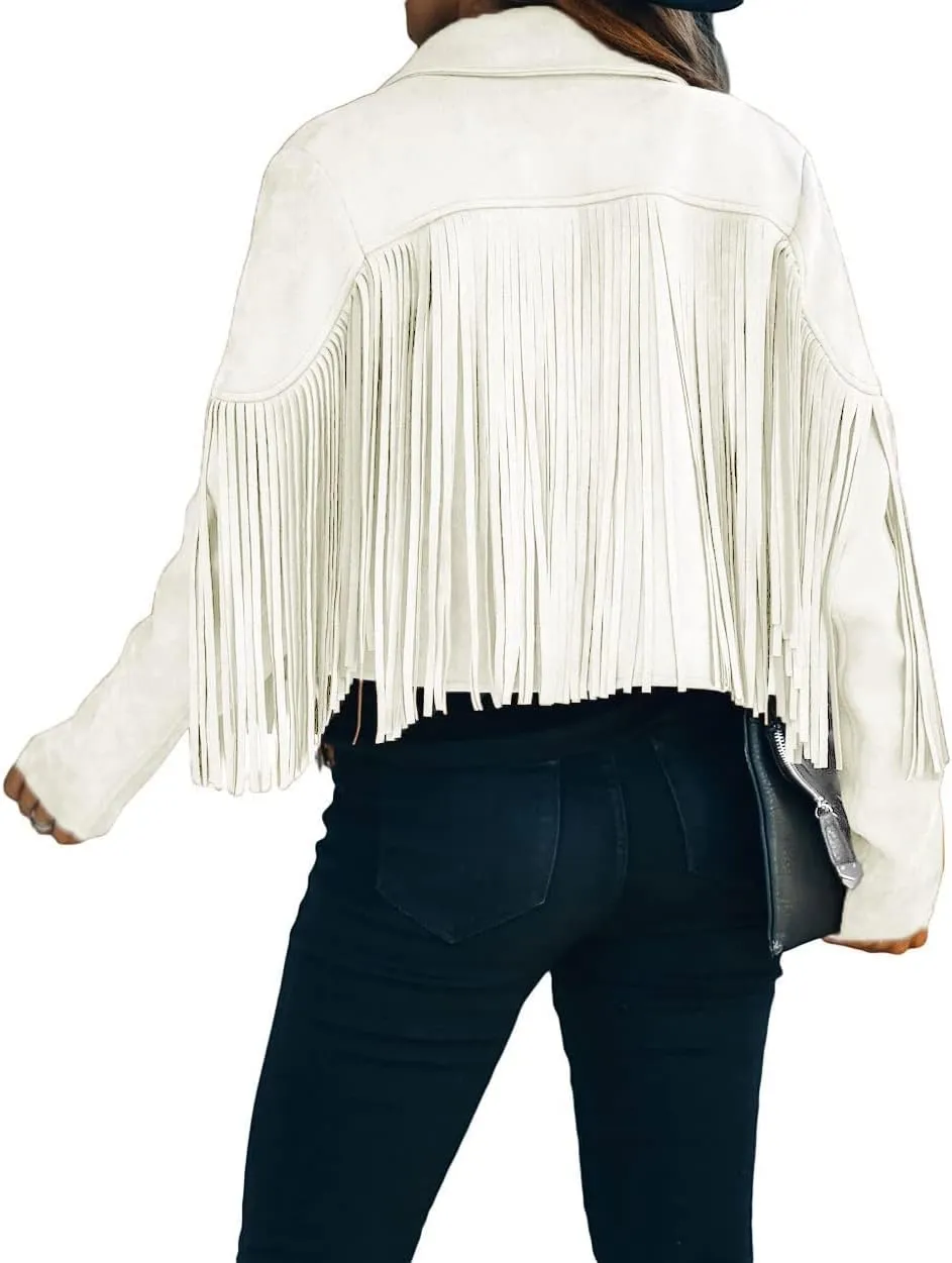 CHARTOU Casual Faux Leather Jacket Women Motorcycle Jacket Fringe Cropped Jacket Utility Tassel Suede Moto Jacket