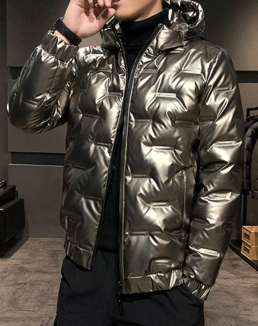 CHARTOU Men's Winter Metallic Zip Up Hooded Down Puffer Jacket Warm Parka Coat Waterproof Anorak