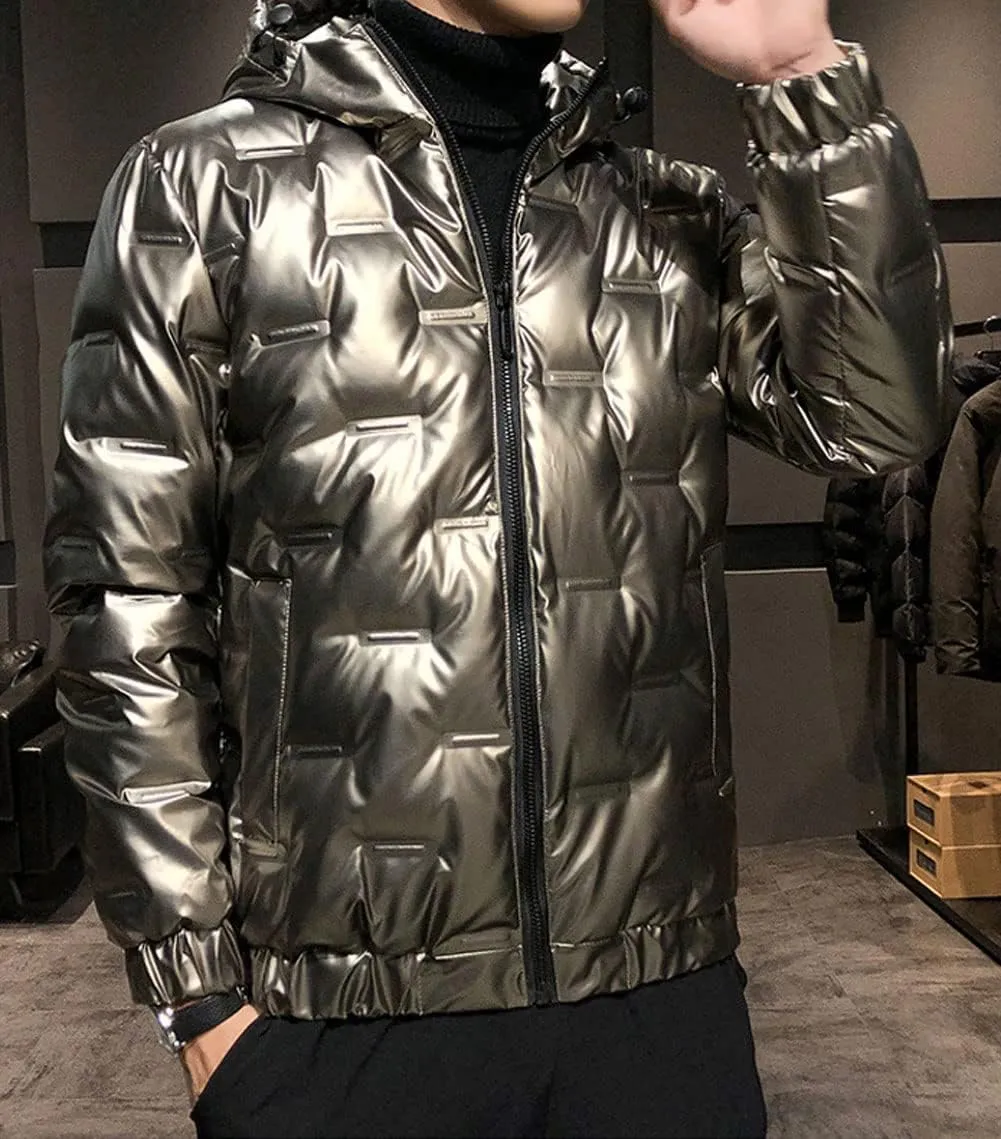 CHARTOU Men's Winter Metallic Zip Up Hooded Down Puffer Jacket Warm Parka Coat Waterproof Anorak