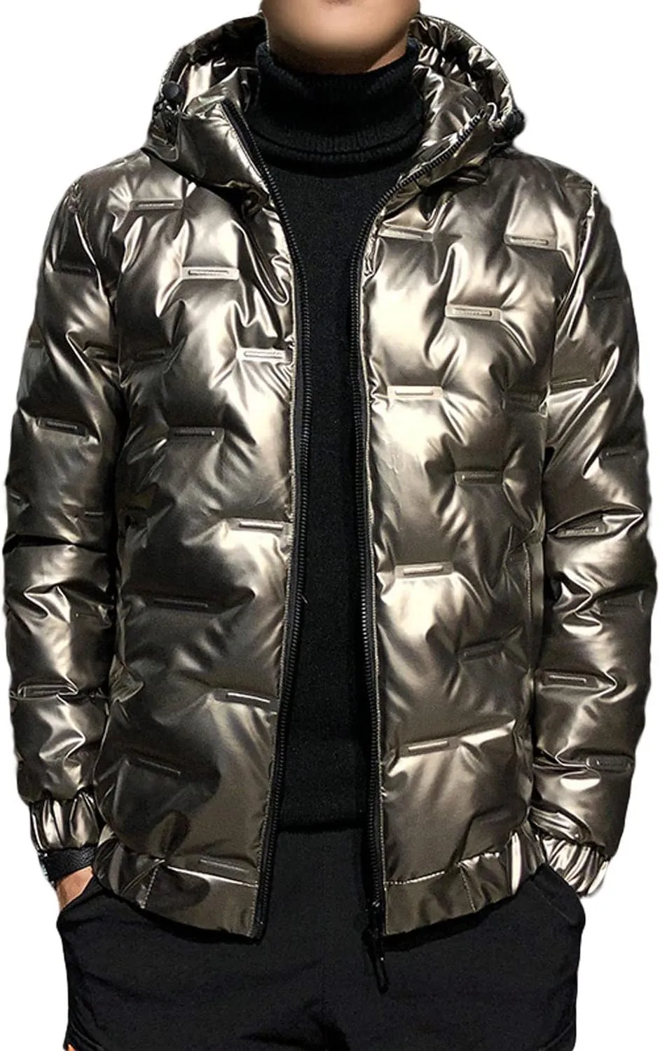 CHARTOU Men's Winter Metallic Zip Up Hooded Down Puffer Jacket Warm Parka Coat Waterproof Anorak