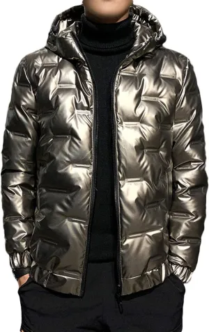 CHARTOU Men's Winter Metallic Zip Up Hooded Down Puffer Jacket Warm Parka Coat Waterproof Anorak