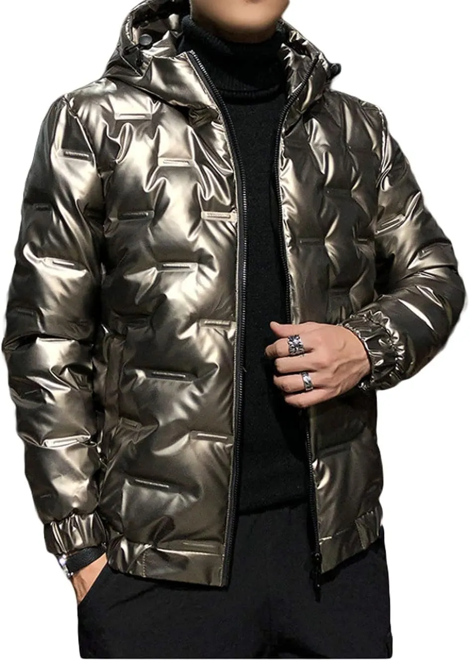 CHARTOU Men's Winter Metallic Zip Up Hooded Down Puffer Jacket Warm Parka Coat Waterproof Anorak