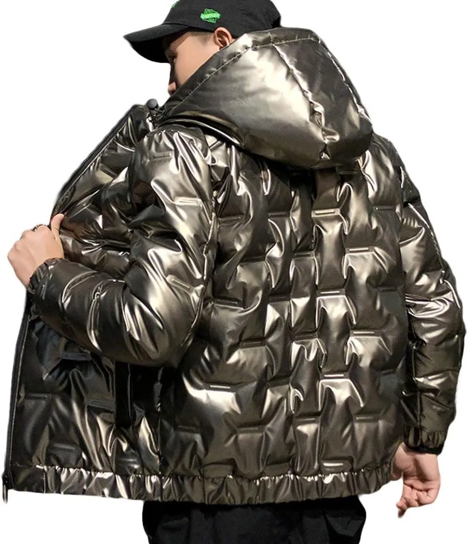 CHARTOU Men's Winter Metallic Zip Up Hooded Down Puffer Jacket Warm Parka Coat Waterproof Anorak