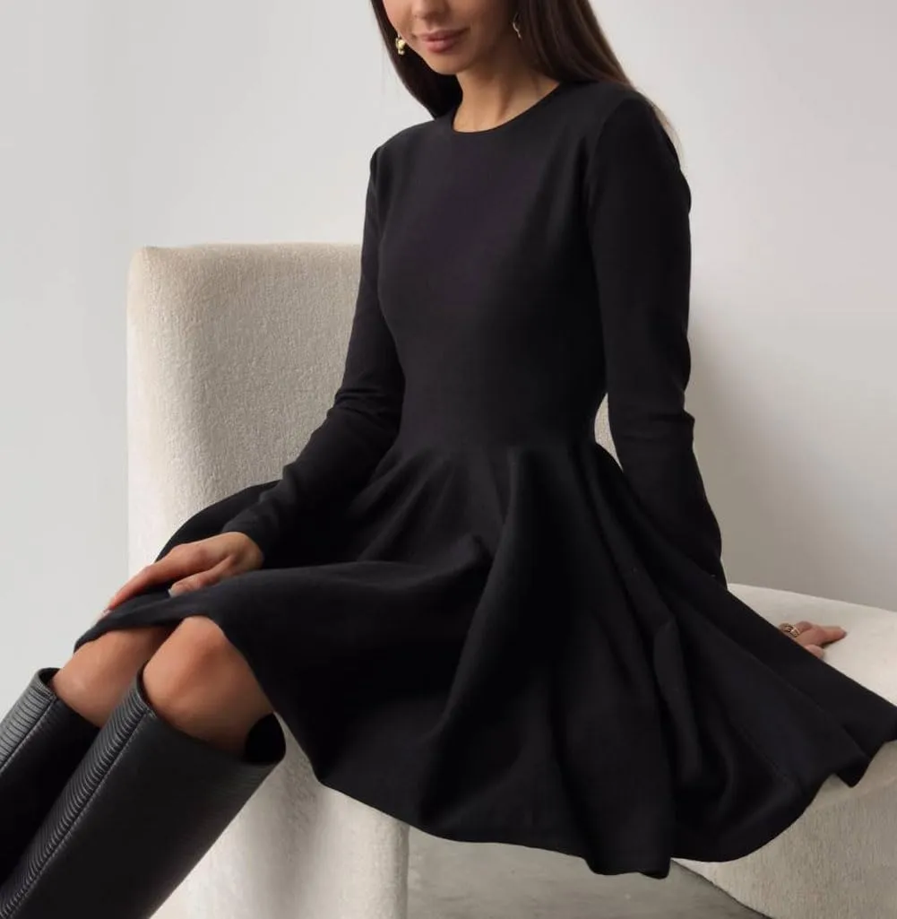 CHARTOU Women Basic Sweater Dress Long Sleeve Pleated Flared Knitted Short Dresses