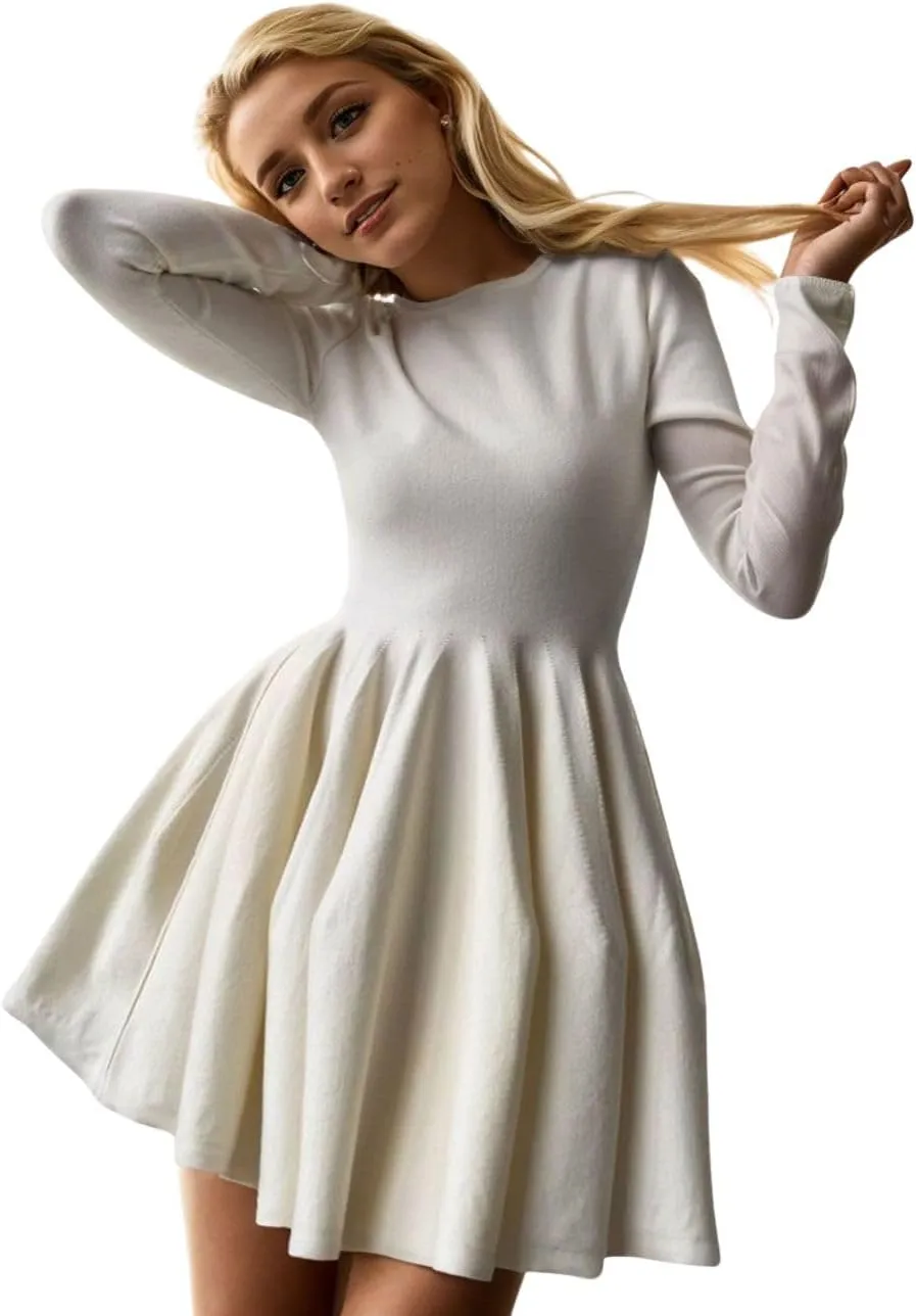 CHARTOU Women Basic Sweater Dress Long Sleeve Pleated Flared Knitted Short Dresses