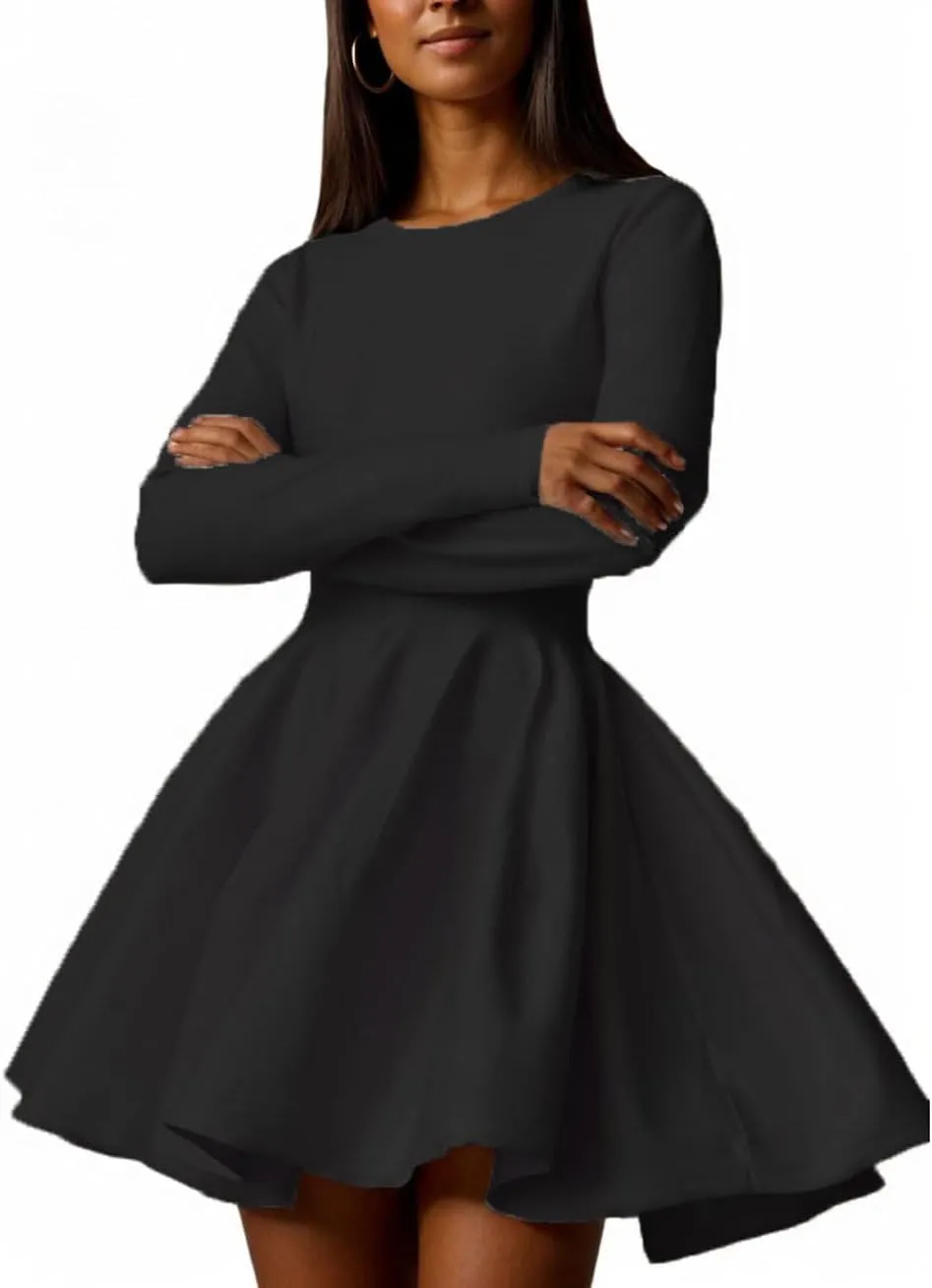 CHARTOU Women Basic Sweater Dress Long Sleeve Pleated Flared Knitted Short Dresses