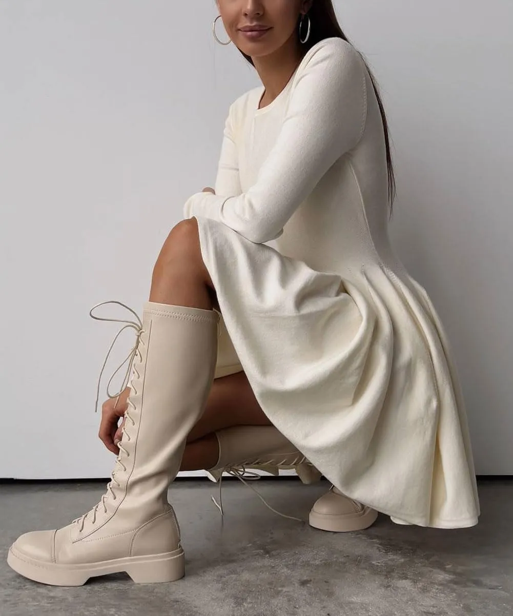 CHARTOU Women Basic Sweater Dress Long Sleeve Pleated Flared Knitted Short Dresses