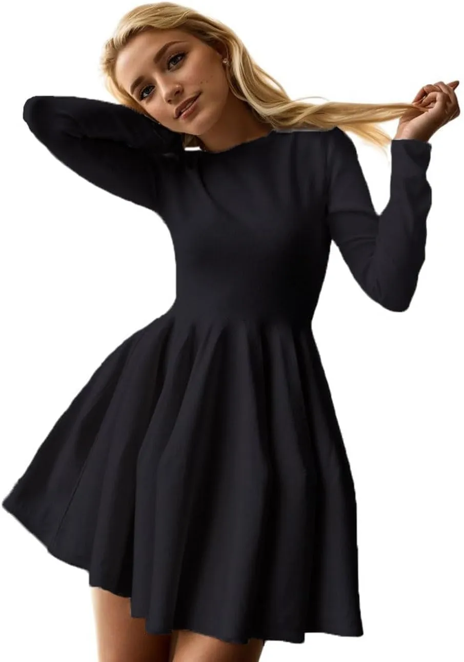 CHARTOU Women Basic Sweater Dress Long Sleeve Pleated Flared Knitted Short Dresses