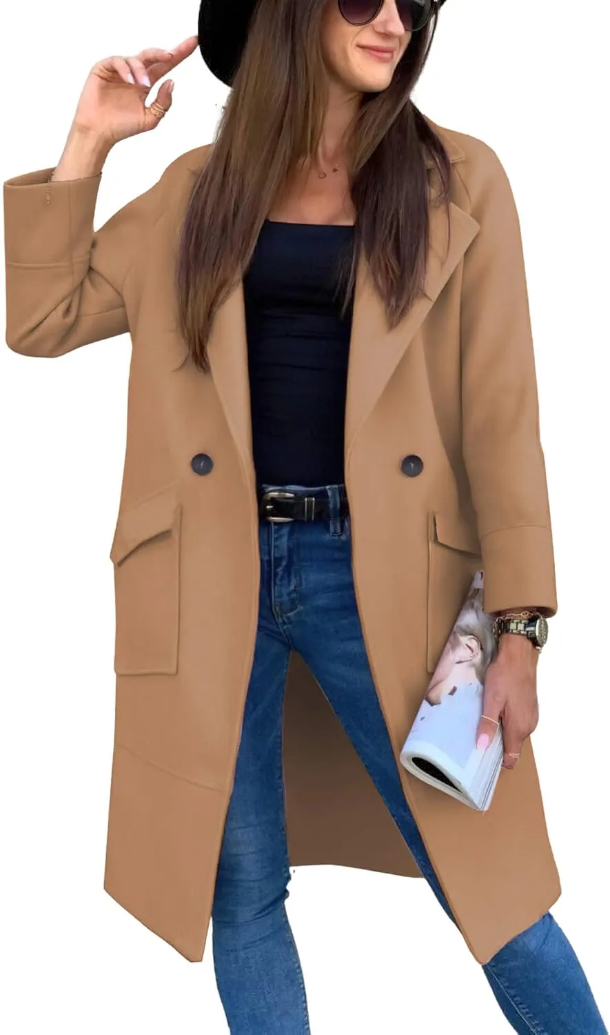 CHARTOU Women's Wool Blend Slim Fit Casual Notch Lapel Long Pea Coat Trench Coat