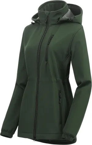 Chrisuno Women's Lightweight Long Softshell Fleece Lined Jacket Anorak Raincoat With Removable Hood