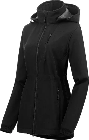 Chrisuno Women's Lightweight Long Softshell Fleece Lined Jacket Anorak Raincoat With Removable Hood