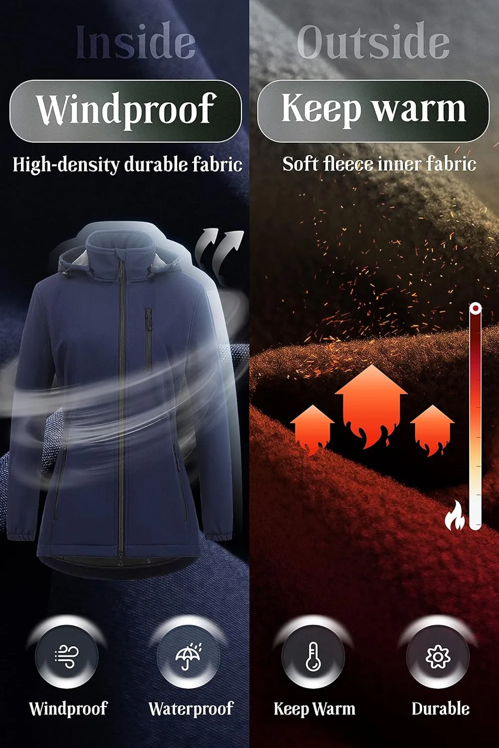 Chrisuno Women's Lightweight Long Softshell Fleece Lined Jacket Anorak Raincoat With Removable Hood