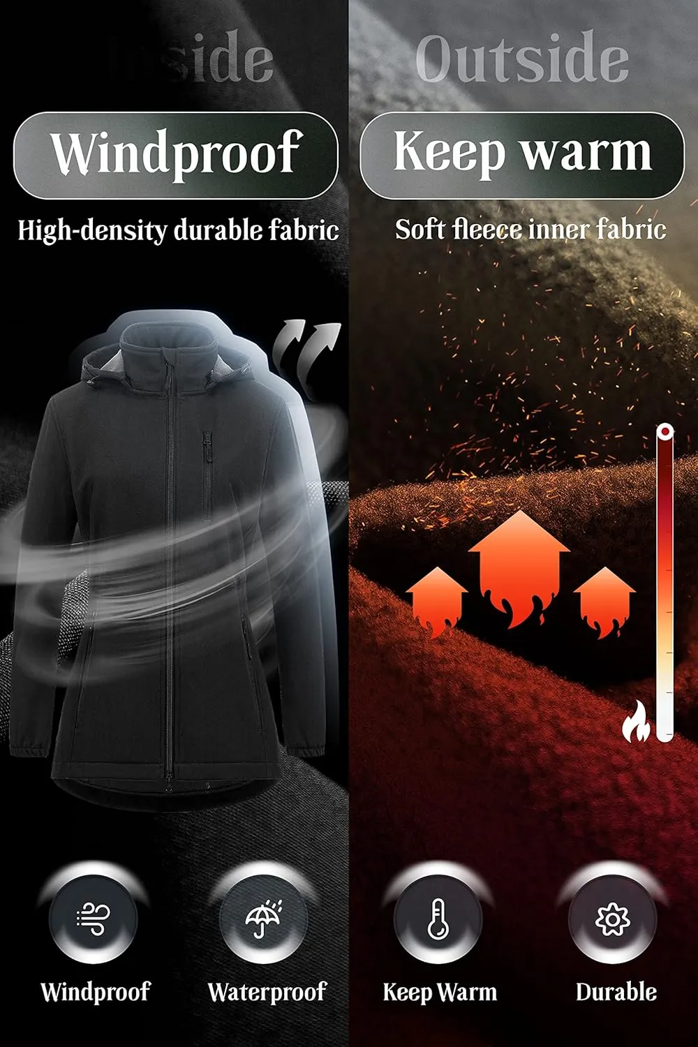 Chrisuno Women's Lightweight Long Softshell Fleece Lined Jacket Anorak Raincoat With Removable Hood