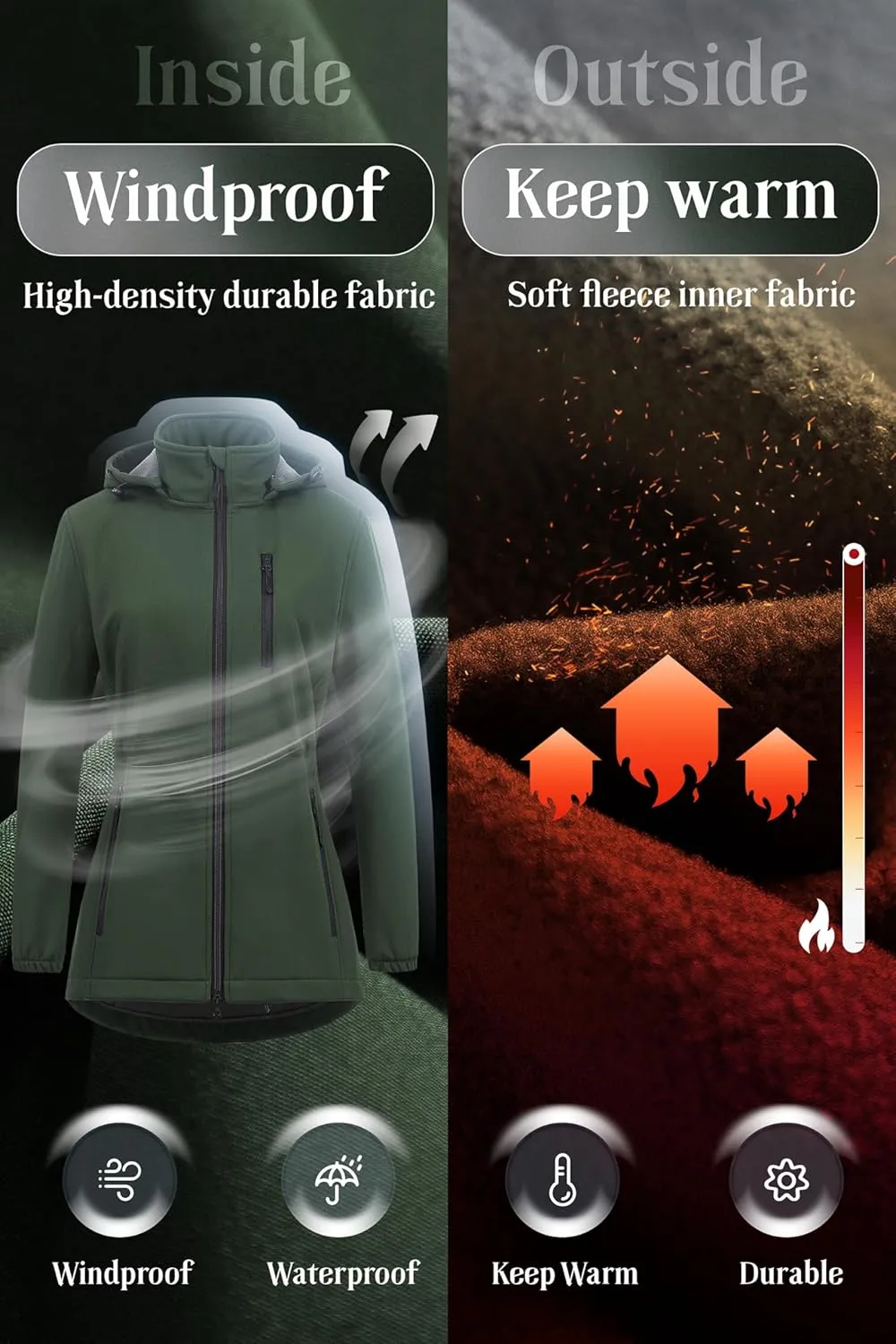 Chrisuno Women's Lightweight Long Softshell Fleece Lined Jacket Anorak Raincoat With Removable Hood