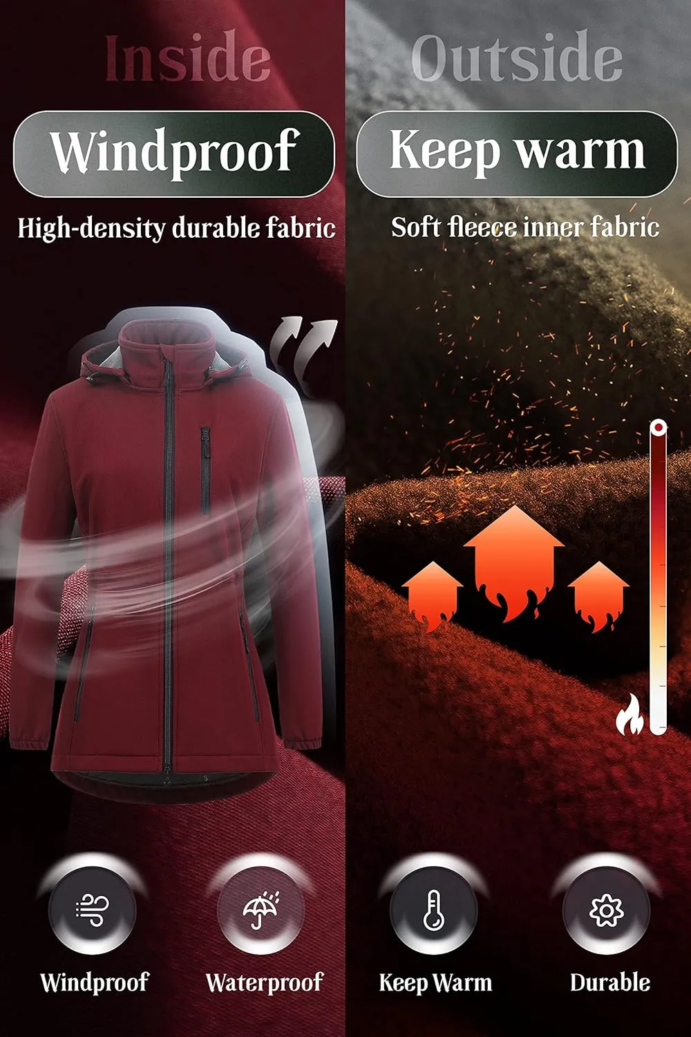 Chrisuno Women's Lightweight Long Softshell Fleece Lined Jacket Anorak Raincoat With Removable Hood