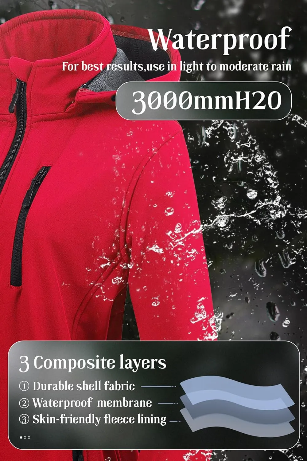 Chrisuno Women's Lightweight Long Softshell Fleece Lined Jacket Anorak Raincoat With Removable Hood