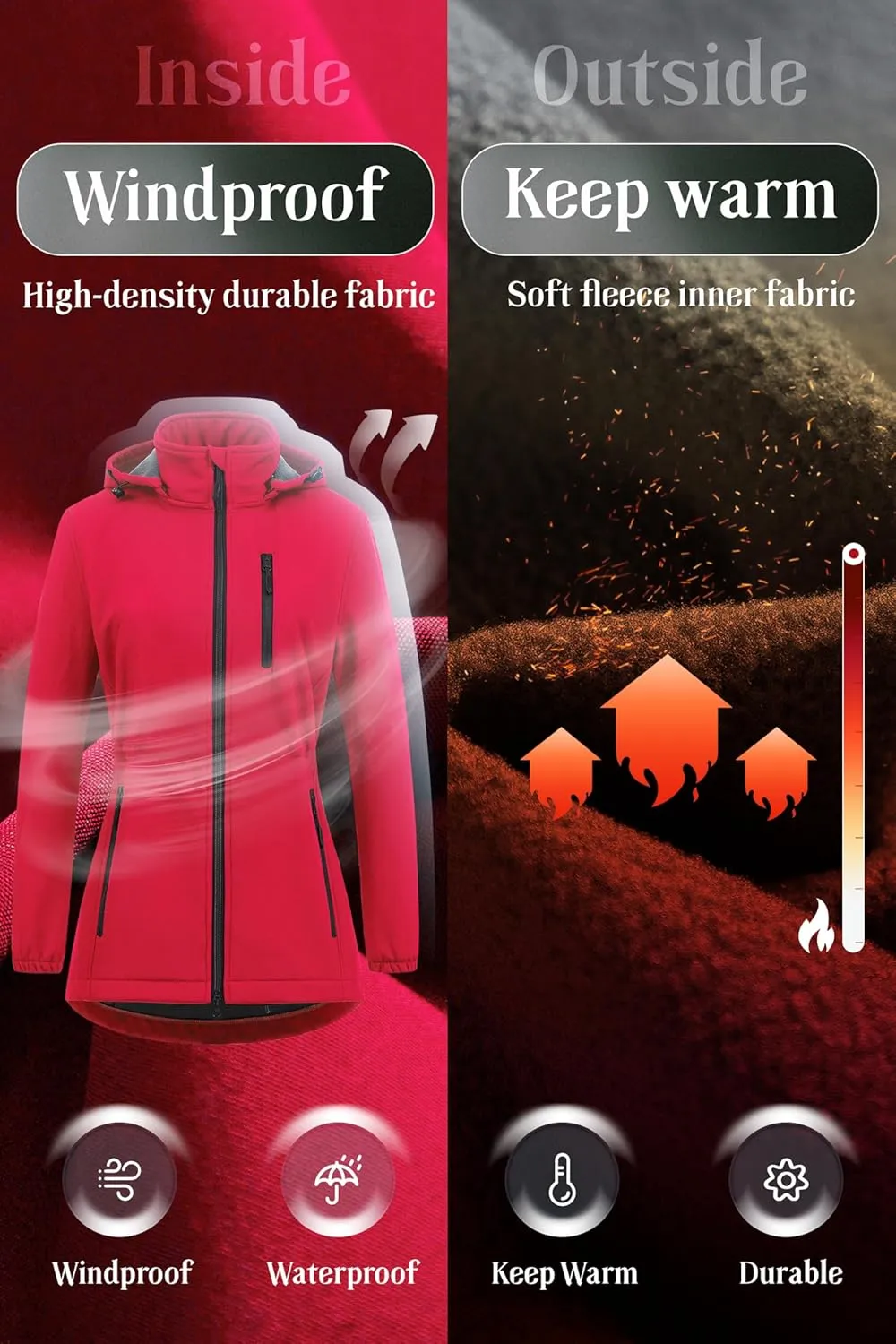 Chrisuno Women's Lightweight Long Softshell Fleece Lined Jacket Anorak Raincoat With Removable Hood