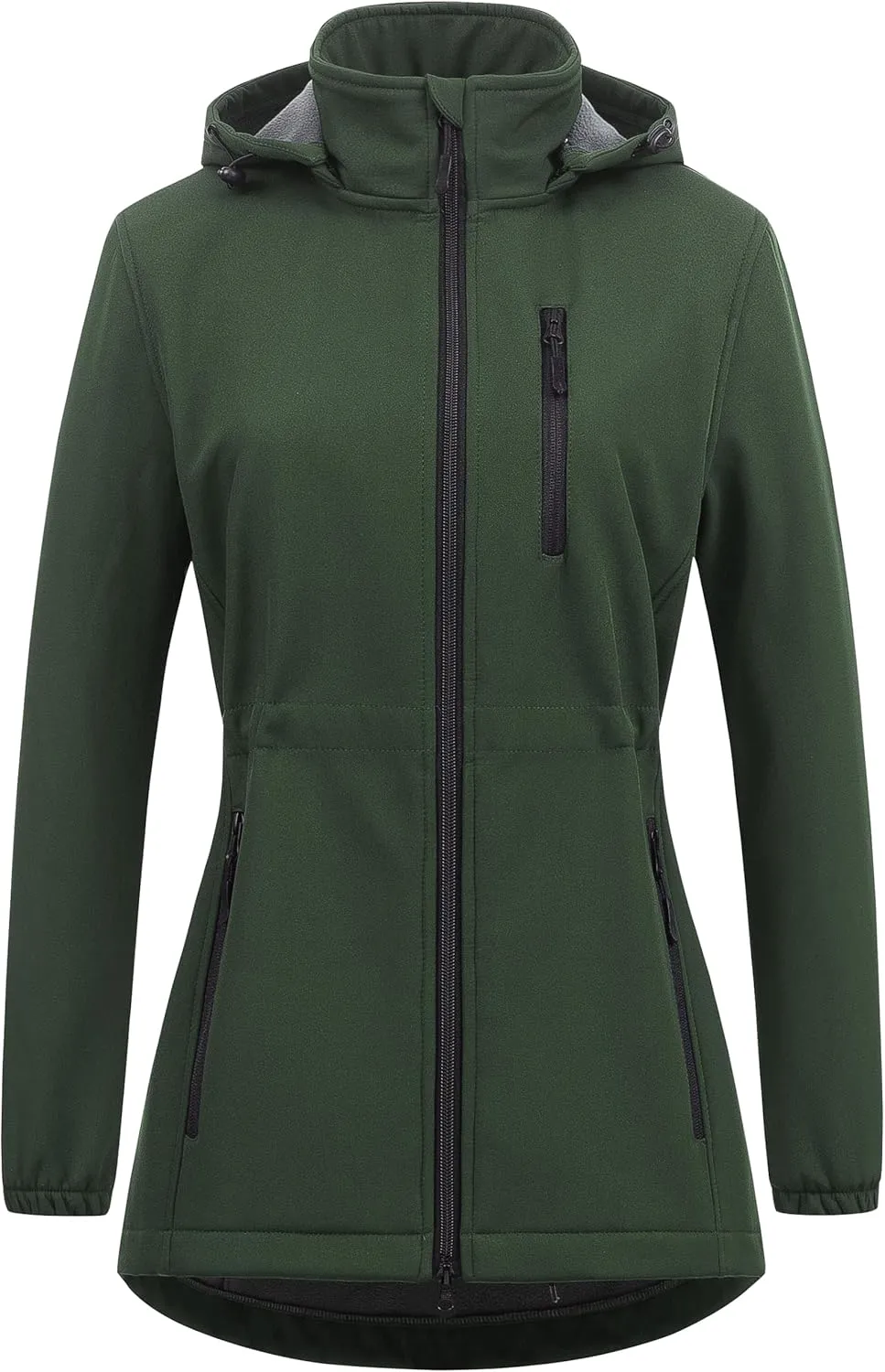 Chrisuno Women's Lightweight Long Softshell Fleece Lined Jacket Anorak Raincoat With Removable Hood