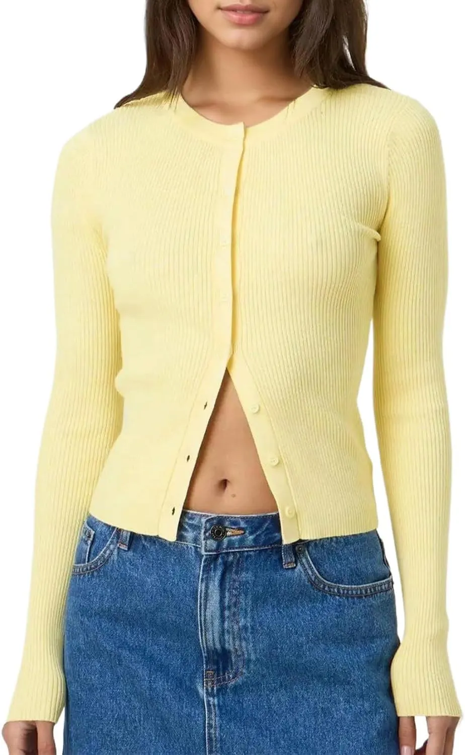 Cioatin Women Long Sleeve Button Up Ribbed Knit Crop Cardigan Y2K Slim Fit Round Neck Sweater Tshirt Fall Going Out Tops