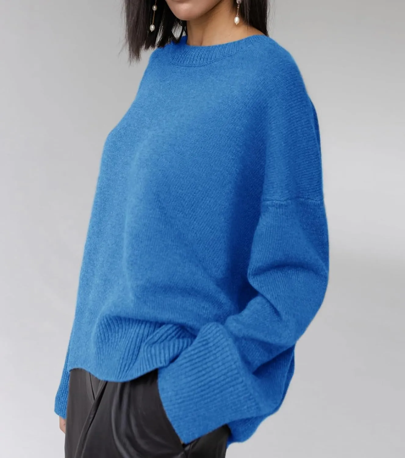 Ckikiou Oversized Crewneck Cute Slouchy High Low Sweater for Women Fall Winter Casual Long Sleeve Soft Knitted Pullover Top