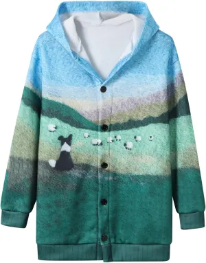 Colorful Fall Cats Pattern Cozy Hooded Cardigan,Fall Oversized Button Down Cat Sweater for Women Cute Cat