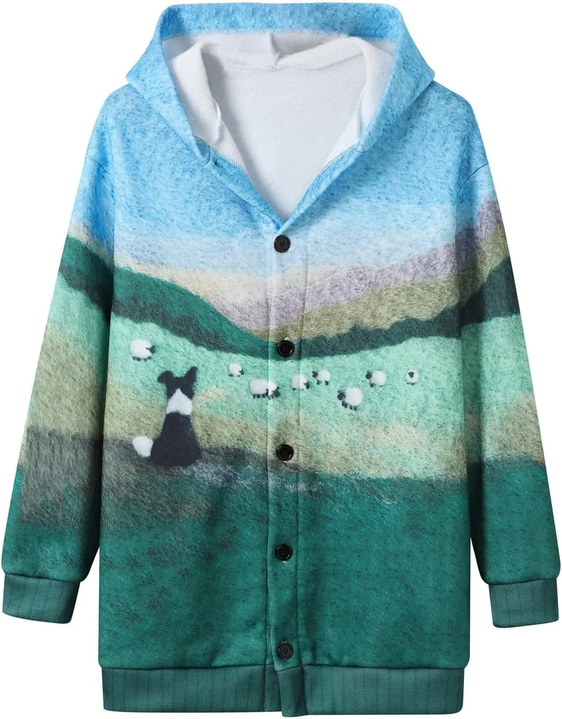 Colorful Fall Cats Pattern Cozy Hooded Cardigan,Fall Oversized Button Down Cat Sweater for Women Cute Cat