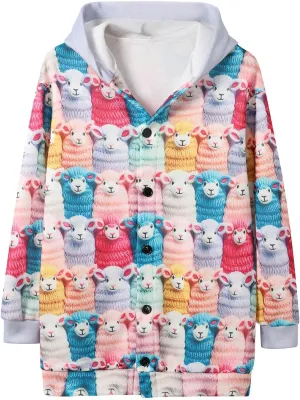 Colorful Fall Cats Pattern Cozy Hooded Cardigan,Fall Oversized Button Down Cat Sweater for Women Cute Cat