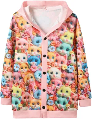 Colorful Fall Cats Pattern Cozy Hooded Cardigan,Fall Oversized Button Down Cat Sweater for Women Cute Cat