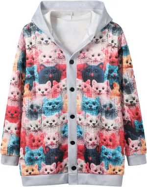 Colorful Fall Cats Pattern Cozy Hooded Cardigan,Fall Oversized Button Down Cat Sweater for Women Cute Cat