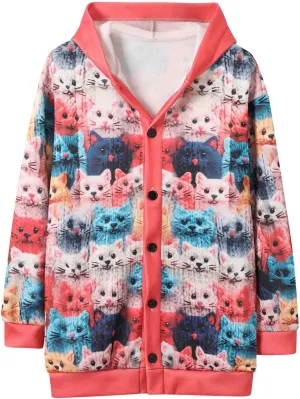 Colorful Fall Cats Pattern Cozy Hooded Cardigan,Fall Oversized Button Down Cat Sweater for Women Cute Cat
