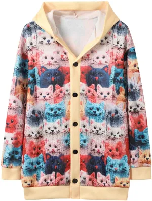 Colorful Fall Cats Pattern Cozy Hooded Cardigan,Fall Oversized Button Down Cat Sweater for Women Cute Cat