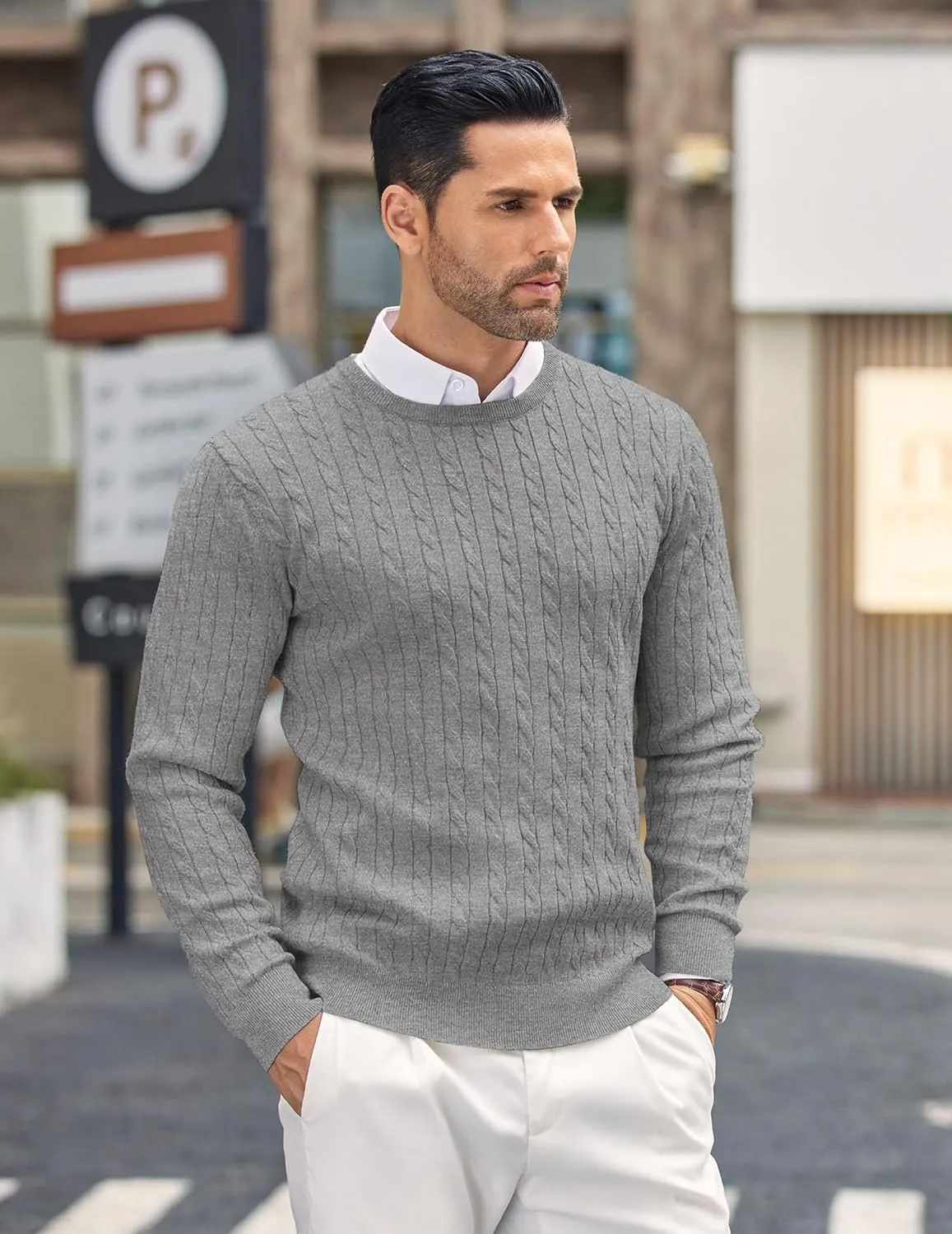COOFANDY Men's Crewneck Knit Sweater Slim Fit Lightweight Casual Twist Patterned Cable Knitted Pullover