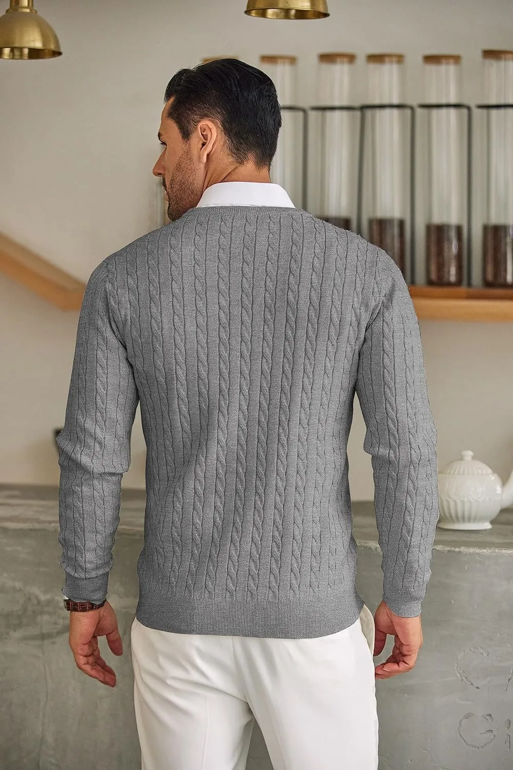 COOFANDY Men's Crewneck Knit Sweater Slim Fit Lightweight Casual Twist Patterned Cable Knitted Pullover