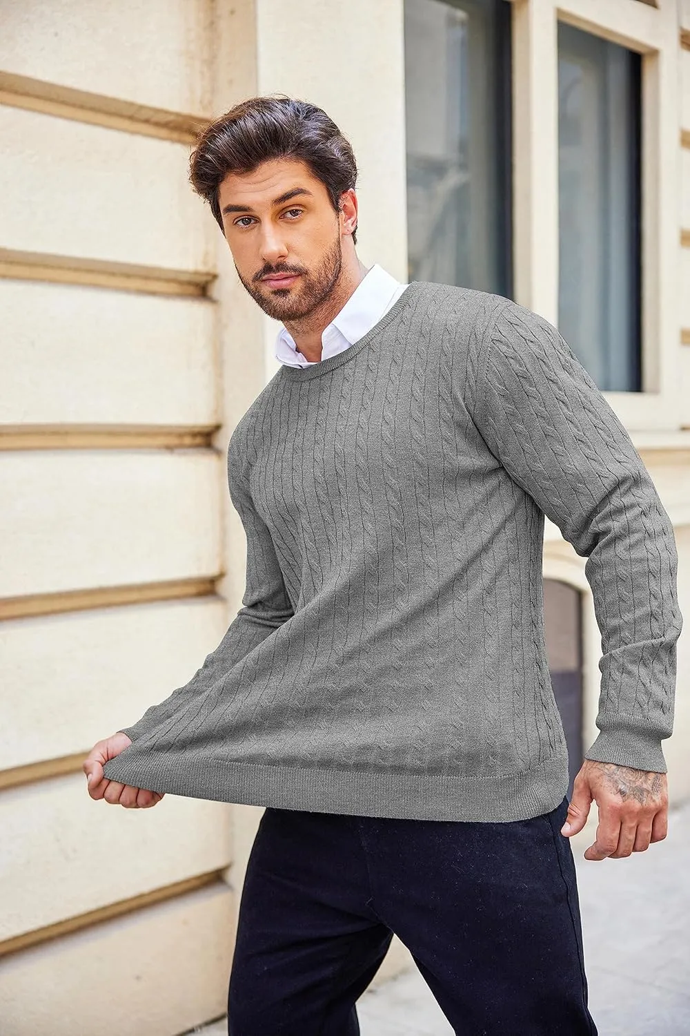 COOFANDY Men's Crewneck Knit Sweater Slim Fit Lightweight Casual Twist Patterned Cable Knitted Pullover
