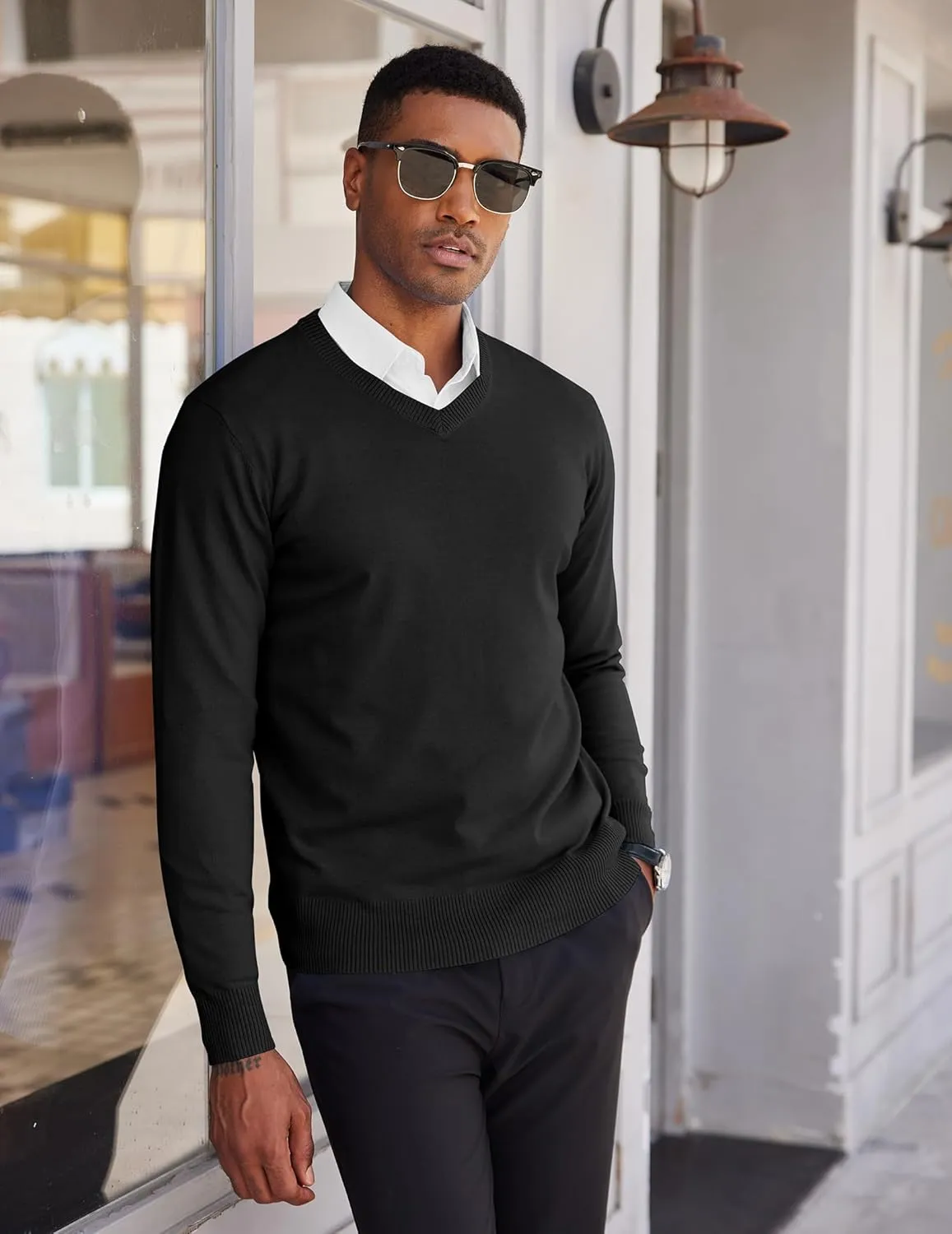 COOFANDY Men's V Neck Pullover Sweater Slim Fit Casual Dress Sweater Lightweight Knitted Sweaters