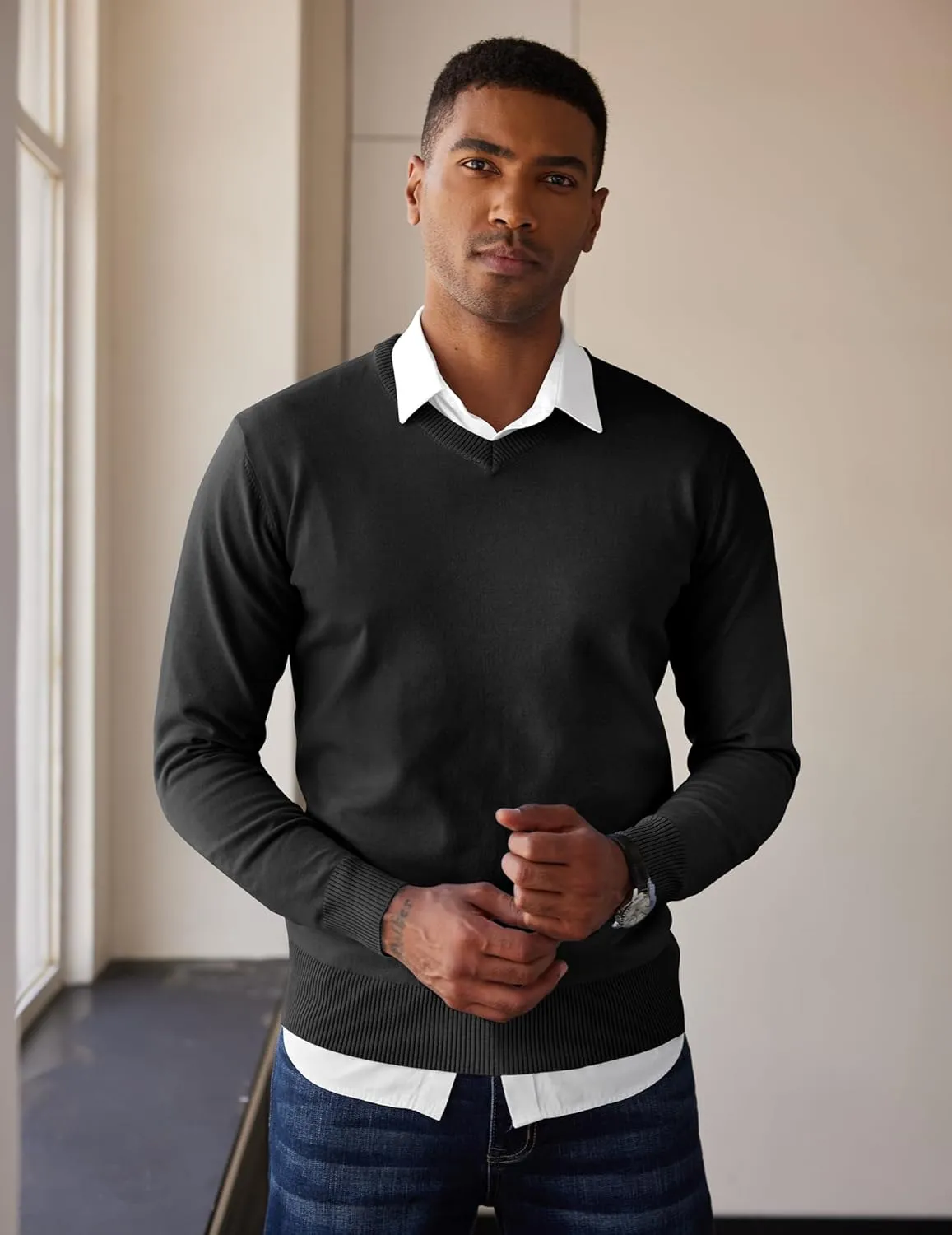 COOFANDY Men's V Neck Pullover Sweater Slim Fit Casual Dress Sweater Lightweight Knitted Sweaters