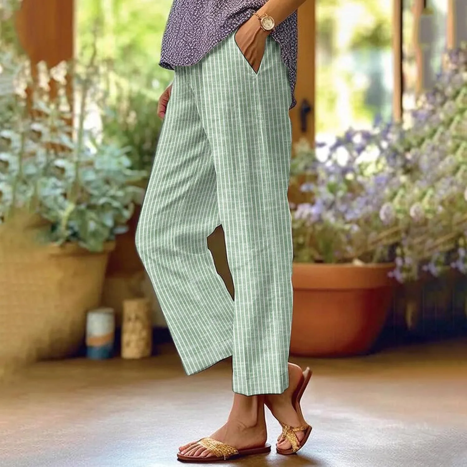 Cotton Linen Capris Pants for Womens 2025 Knee Length Summer Straight Leg Loose Beach Shorts Trouser with Pocket