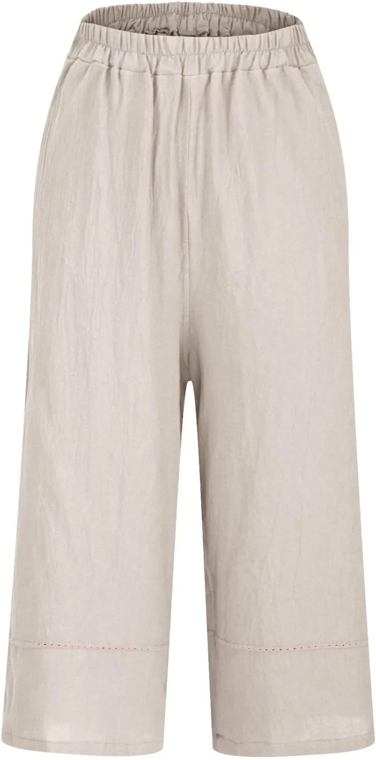 Cotton Linen Pants for Women Summer Casual Loose Elastic High Waist Trousers Casual Fashion Wide Leg Palazzo Slacks